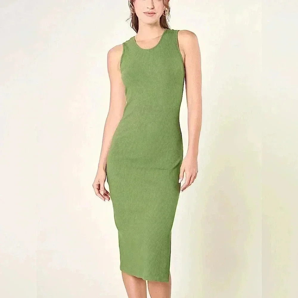 Sugarlips Lisbon Ribbed Knit Tank Midi Dress in Olive XS NEW